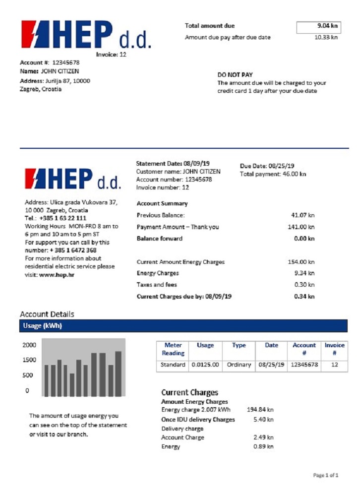 Croatia Hrvatska Elektroprivreda electricity utility bill
